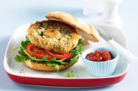 Crumbed mushroom burgers with tomato relish