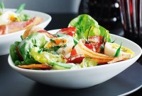 Bacon and egg salad of green beans, soft-boiled egg and pancetta