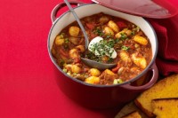 Beef and gnocchi hotpot with cheese cornbread