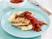 Barramundi with tomato caperberry sauce and mash