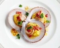 Scallops with sweet corn puree, prosciutto and lemon butter