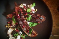 Honey-soy glazed eggplant with lentils and rice
