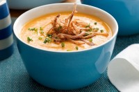 Creamy carrot and cauliflower soup with onion croutons