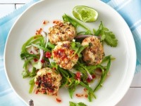 Coriander prawn cakes with snow pea salad