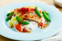 Braised blue-eye with leek and tomato