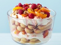 Poached peach, raspberry and hazelnut trifle