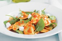 Agnolotti with salsa rossa, goats cheese and spinach