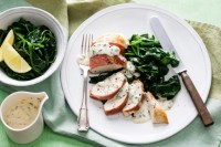 Prosciutto wrapped chicken breasts with garlic chive cream sauce