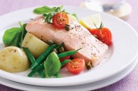 Baked salmon with potato, bean and tomato salad