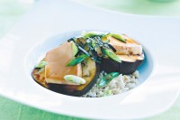 Steamed eggplant and tofu on brown rice
