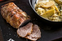 Cider-braised pork neck with cabbage
