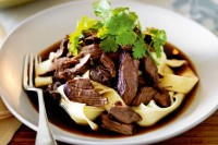 Soy-braised beef with pasta