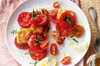 Mixed tomato salad with crumbed haloumi