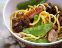 Barbecue duck stir-fry with snow peas and Hokkien noodles
