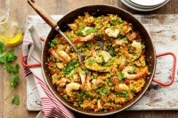 Saffron chicken and prawn paella with peas