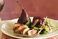 Roast duck with red wine poached pears