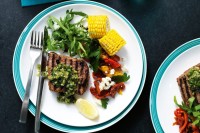 Thyme beef steaks with herb dip & lemon pepper corn