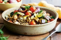 Quinoa salad with chickpeas, roasted eggplant and feta