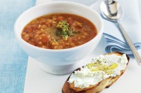 Tomato & red lentil soup with feta & olive oil crostoli