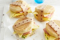 Omelette, ham and cheese English muffin sandwiches