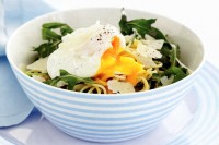 Lemon spaghettini with poached eggs & rocket