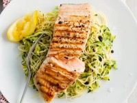 Zucchini angel hair pasta with barbecued salmon
