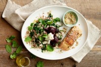 Dukkah salmon on rice and quinoa with kale and beetroot