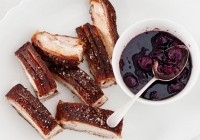 Twice-cooked spiced pork belly with cherry sauce