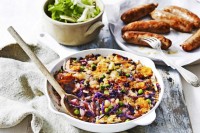 Red cabbage bubble and squeak with Italian pork sausages