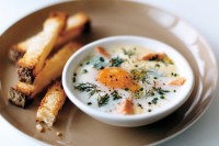 Coddled eggs with smoked trout and herbs