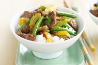 Beef with chilli bean paste, beans and coriander