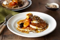 Buttermilk bran pancakes with poached winter fruit