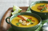 Thai-style red curry pumpkin soup with prawns